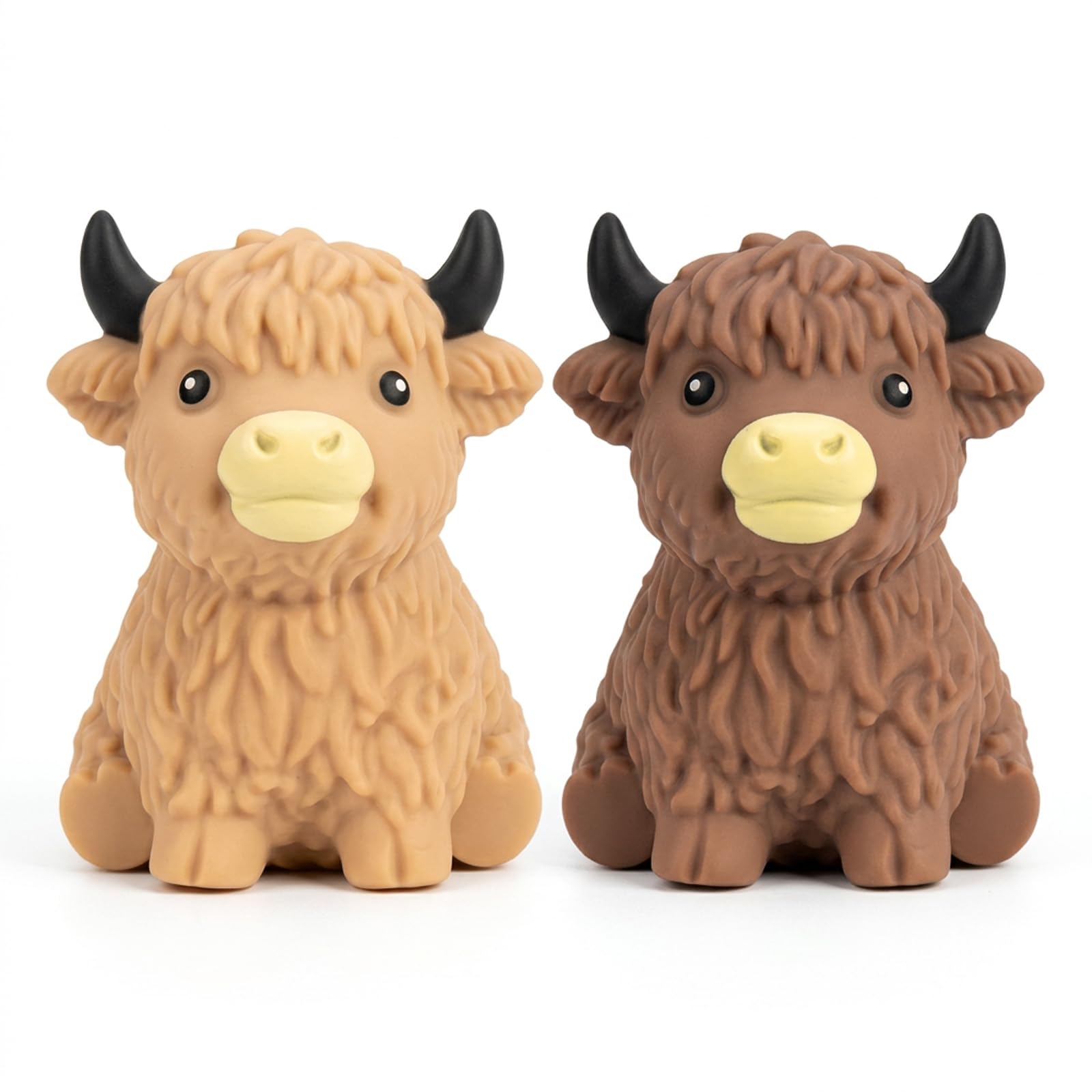 Highland Cow Squishy, Squeezy Stress Relief Toy, Desk Decoration for Work and Study, Portable Pocket Companion with Light and Dark Brown Highland Cow Figures