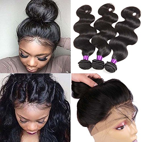 Indian Virgin Hair Body Wave 360 Lace Frontal Closure with Bundles Raw Indian Hair Body Wave with 360 Frontal Pre Plucked 360 Frontal with Bundles (16 18 20+14 360frontal, Natural Color)…