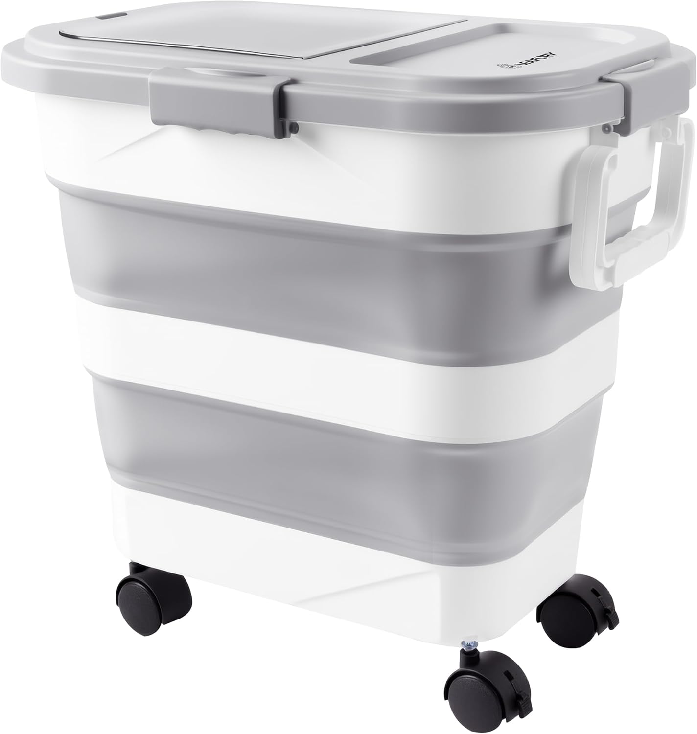 Wood Pellet Storage Container 35-40LB, Airtight Bin with Locking Lid & Clear Window, Collapsible Pellet Bucket with Wheels, Scoop & Labels, Light Gray