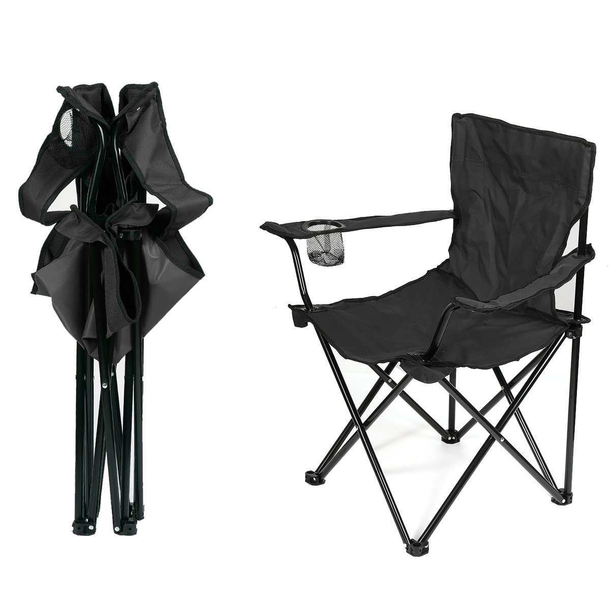 Chaise de Camping Pliante en Plein Air LANTUS, Noir, Style Côtière, Tissu Oxford, Acier Allié, Pliable, Porte-Gobelet Intégré