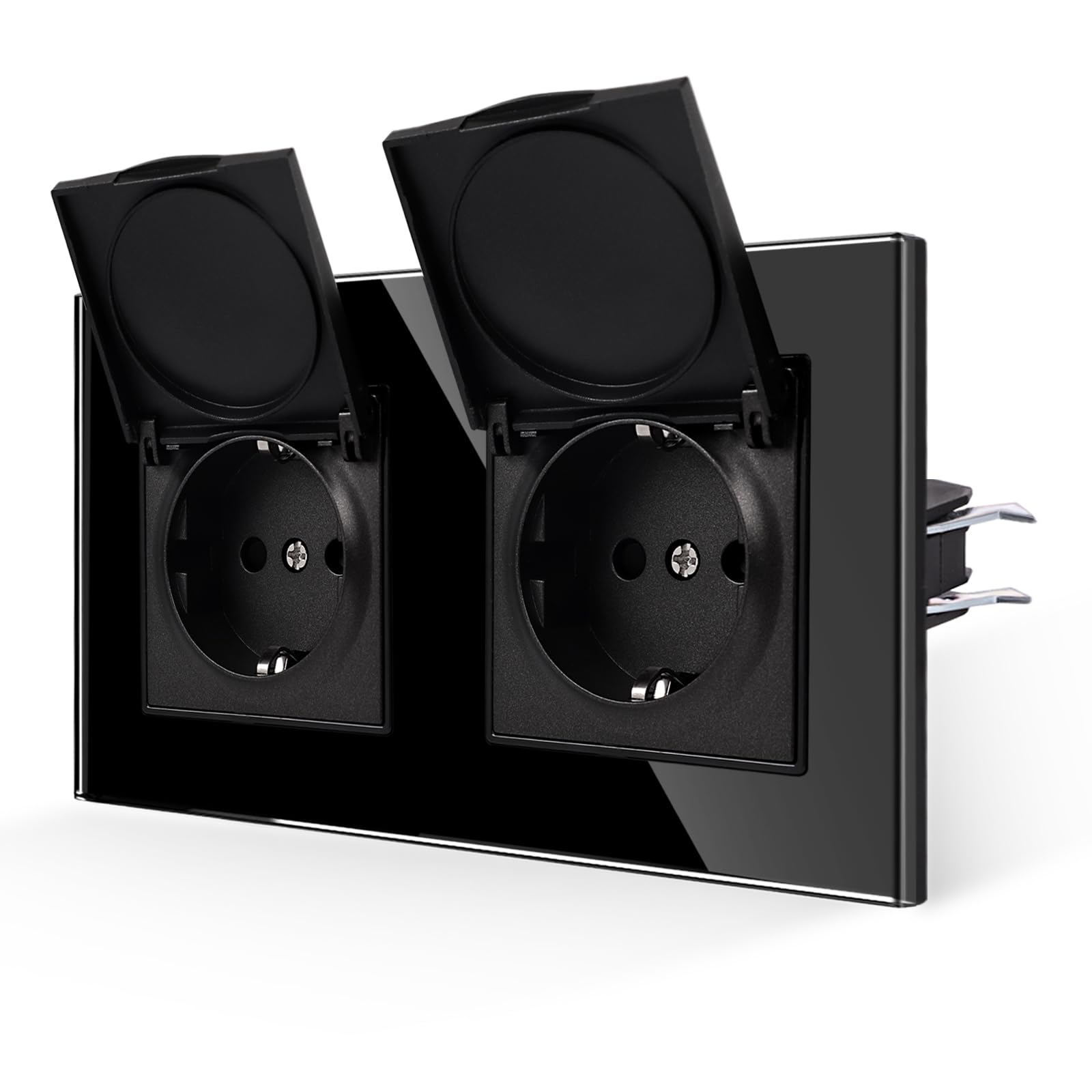 JIMEIDA Doppelsteckdose Glas Schwarz Mit Wasserdichter Abdeckung Mit Haken 16 Amp Steckdose Gehärteter Glasscheibe Wandsteckdose 157 * 86mm
