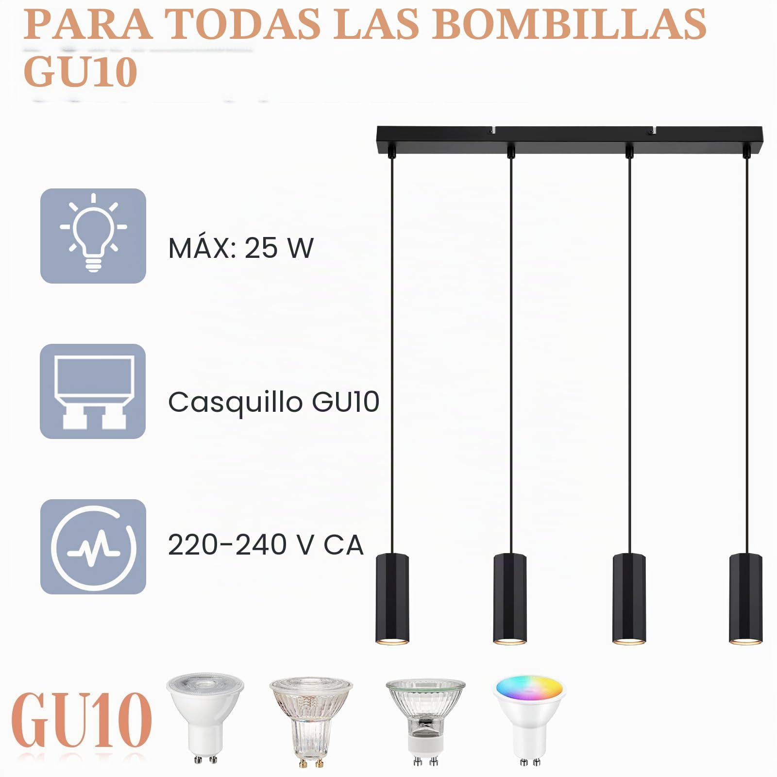 Glitzerlife Lámpara Colgante Mesa de Comedor Negro 4 Bombillas GU10 | Lámpara de Comedor Industrial Moderna de Metal para Interior Cocina Dormitorio