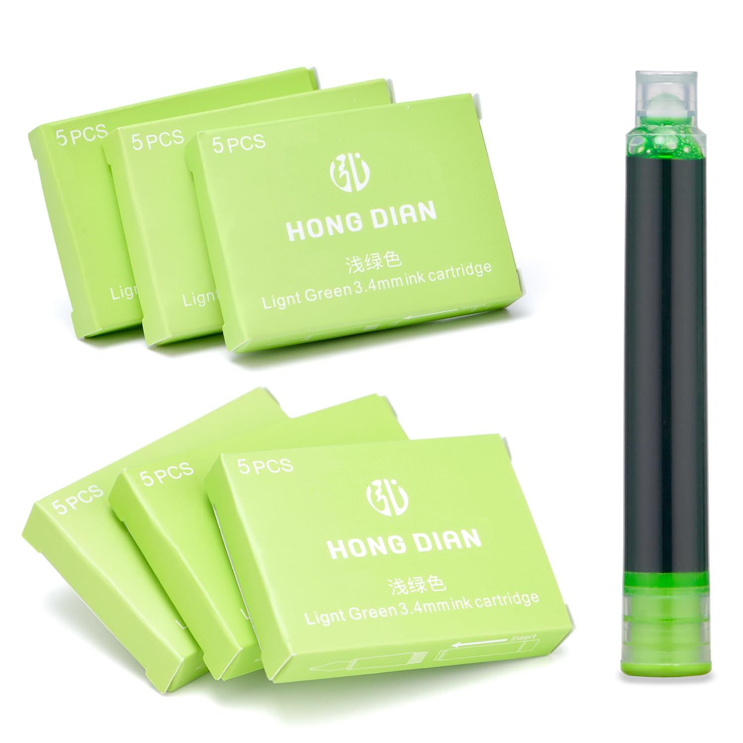 Asvine Fountain Pen Ligth Green Ink Cartridges, Set of 30 Refill Ink Cartridges, 3.4 mm Bore Diameter