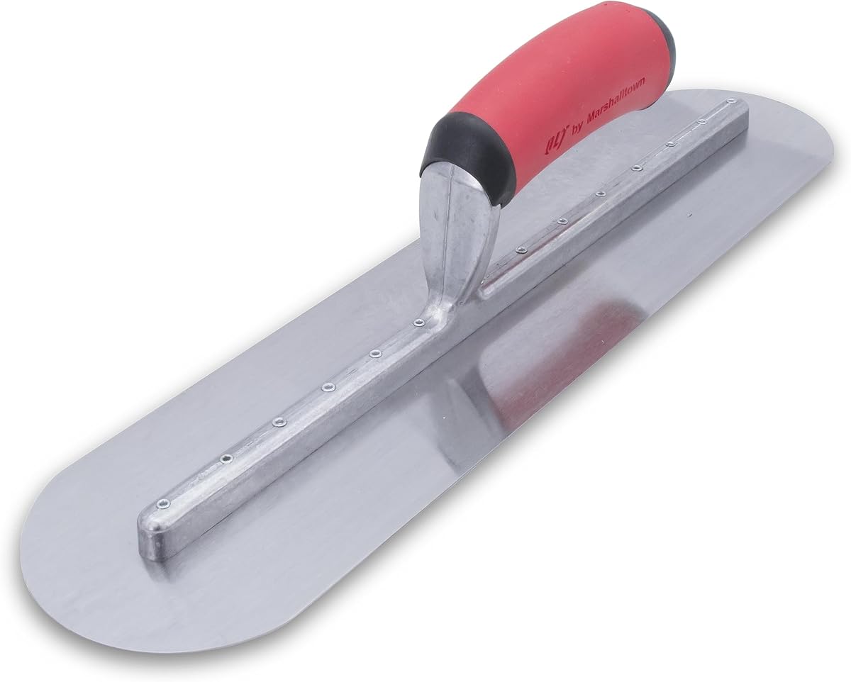 Marshalltown QLT Fully Rounded Trowel, 12 x 4 Inch, Assembled in USA | Polished Steel Blade, Cast Aluminum Mount, Soft Grip Handle, For Concrete Finishing, FTFR372R