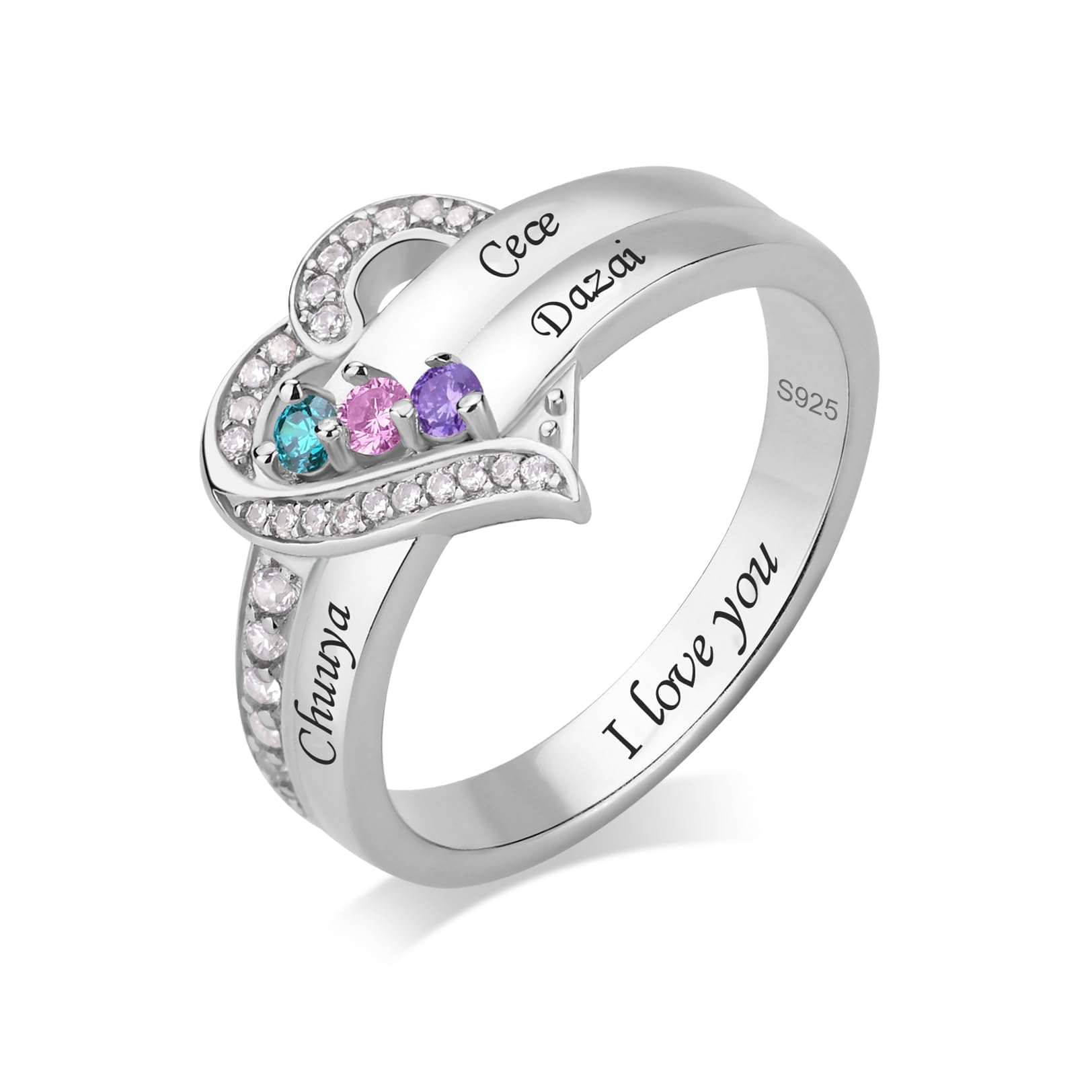 MAD4LOV 925 Sterling Silver Personalized Mothers Rings with 1-8 Birthstones Custom Family Ring for Women Customize Names Engraved Family Rings for