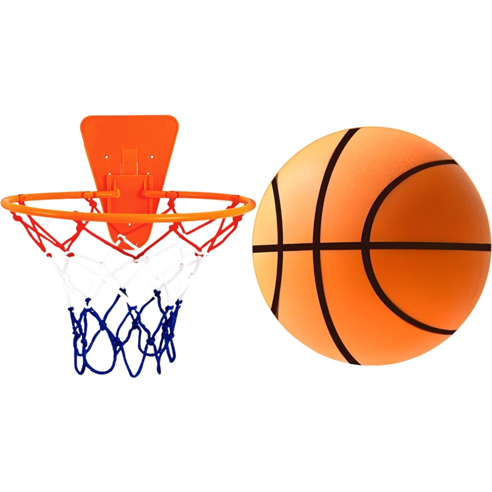 PONDON Balón de baloncesto silencioso de espuma suave, 7 rayas naranjas con borde y red para el hogar, sin ruido, pelota de regate interior, material de poliuretano para jugadores jóvenes