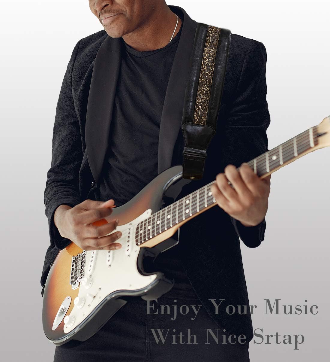 Surpop Neoprene Leather Guitar Strap 3.4'' With Carbon Buckle, Leather Top & Back Soft For Bass, Electric Acoustic Guitar