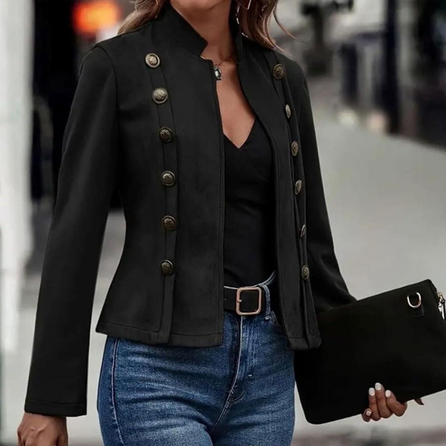 Women's Faux Suede Cropped Jackets Fall Casual Business Long Sleeve Open Front Blazer Jacket Coat - Image 4