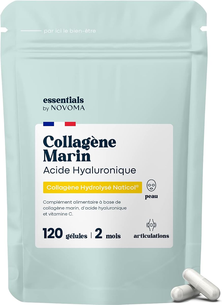 Collagène Marin + Acide Hyaluronique, Peau Hydratée et Articulations Fortes, Cure de 2 mois, 120 Gélules, Collagene Hydrolysé Type 1 Naticol®, Avec Vitamine C, Fabriqué en France, by Novoma