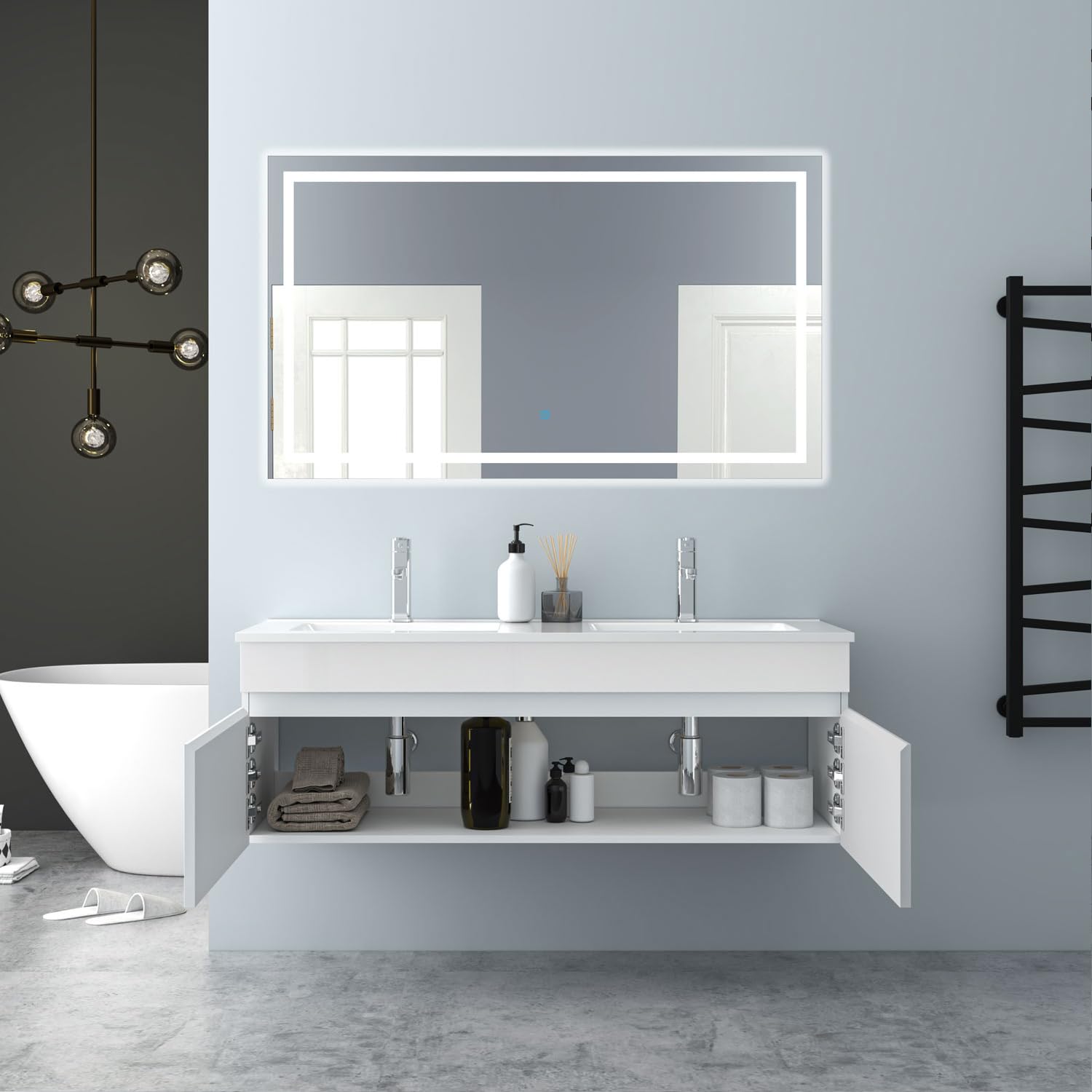 Badezimmer Badmöbel 120cm Keramik Waschtisch mit Unterschrank Hängeschrank Hochglanz Weiß Badezimmerschränke Badschrank mit 2 Soft-Close Türen