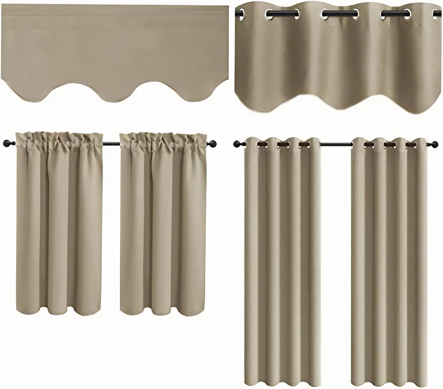 Aquazolax Valances for Kitchen Bedroom Windows Set of 2, Rod Pocket Scalloped Window Treatment Decorative Curtains Valences for Living Room 18" L x 52" W, Taupe
