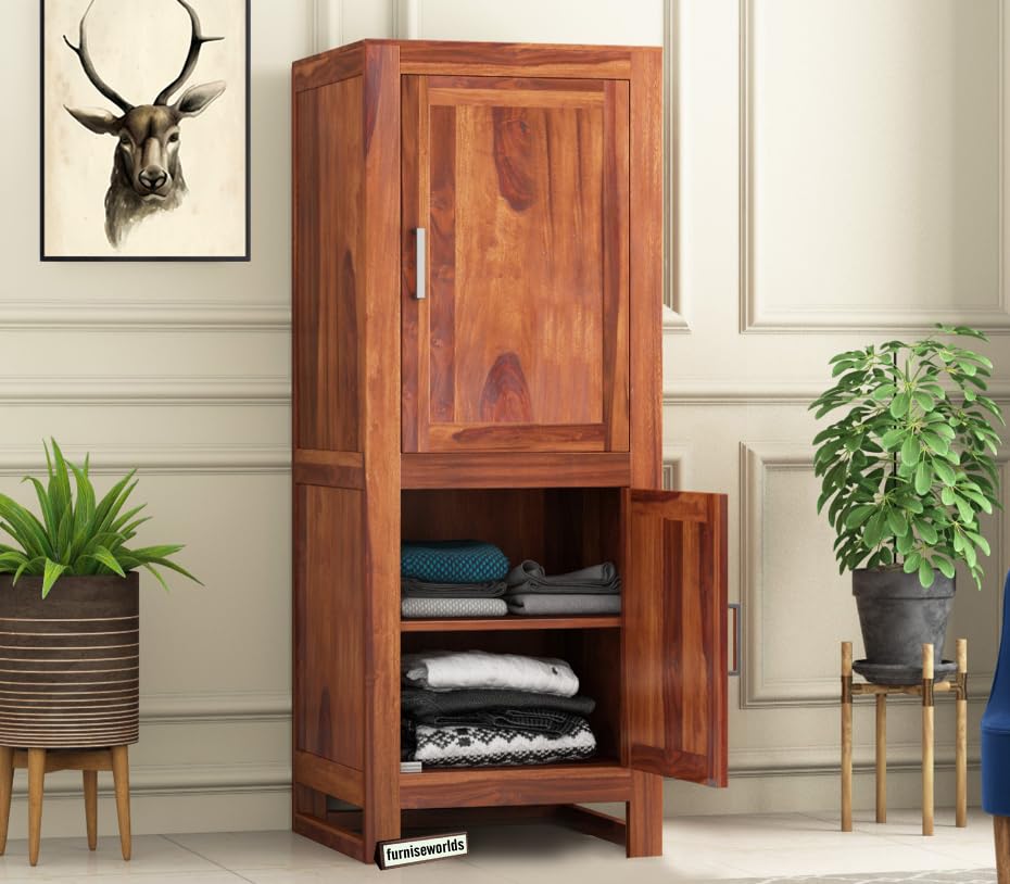 Image of Sheesham Wood Wardrobe with 2 Door and 4 Shelves Storage for Bedroom Wooden Almirah for Clothes for Living Room Bedroom Home, Solid Wood Furniture (Honey Oak)