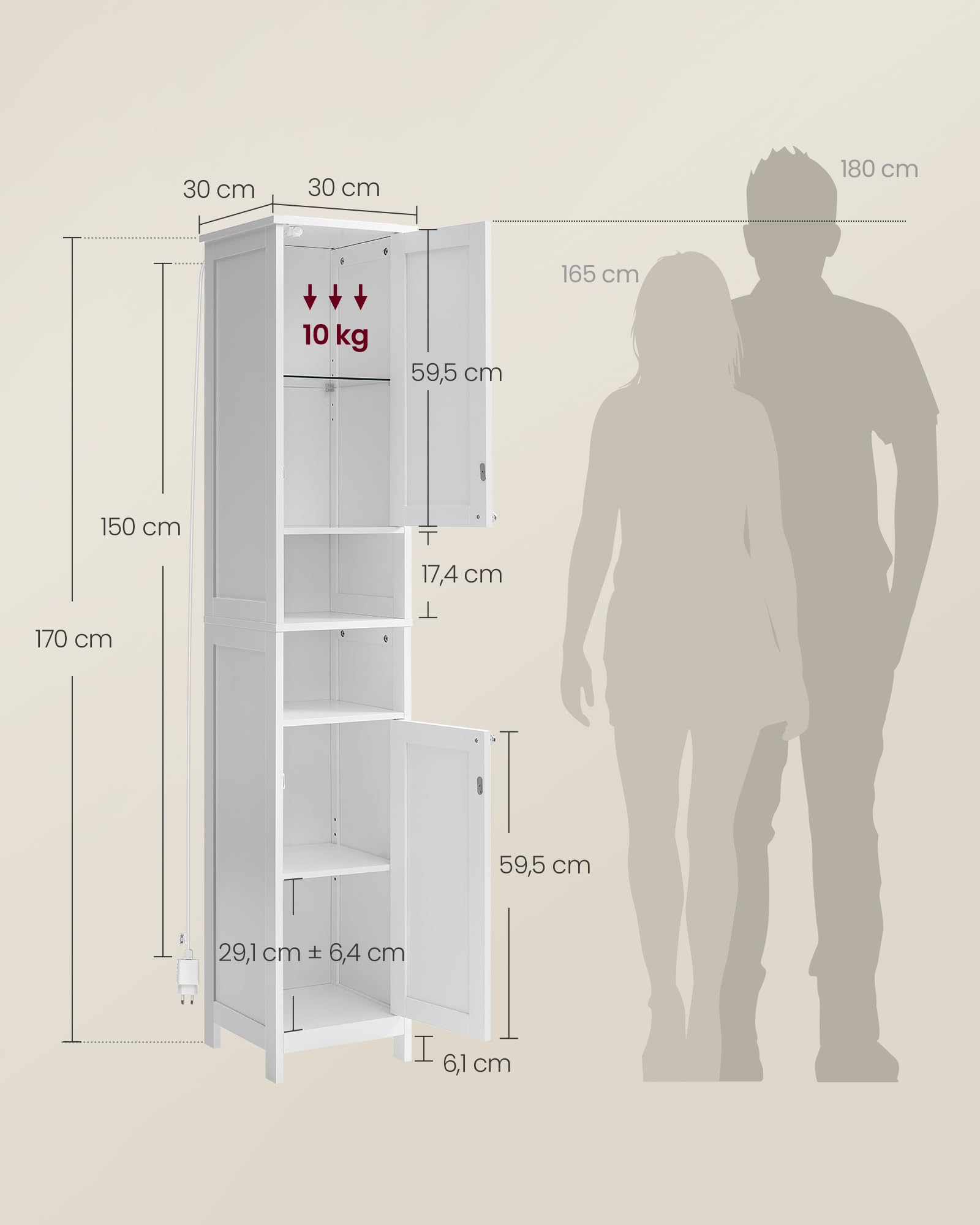 VASAGLE Badezimmerschrank mit Beleuchtung, hoch, schlanker Badschrank, Aufbewahrungsschrank mit verstellbaren Ablagen, offene Fächer, für kleine Räume, wolkenweiß BBC566W03