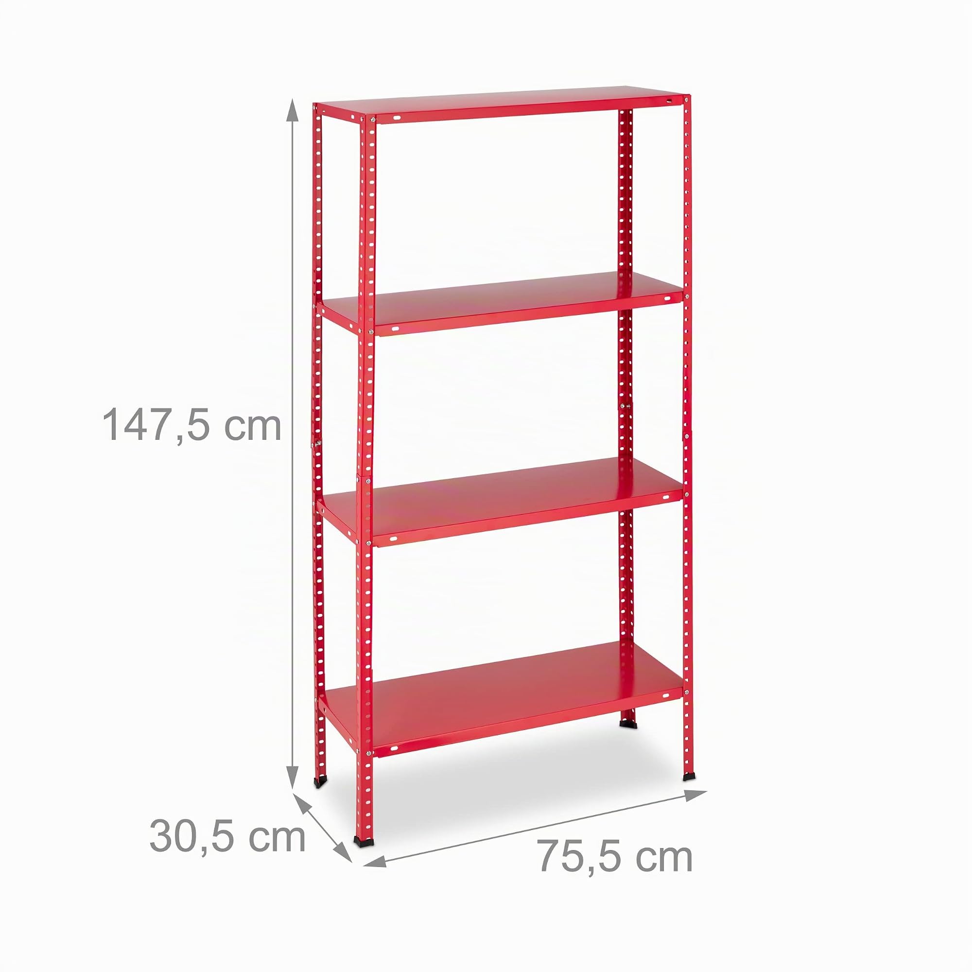 Relaxdays Estantería Metálica Carga Máx. 160 kg, 4 Baldas, 147,5x75,5x30,5 cm, Sótano y Garaje, Estante Industrial, Rojo