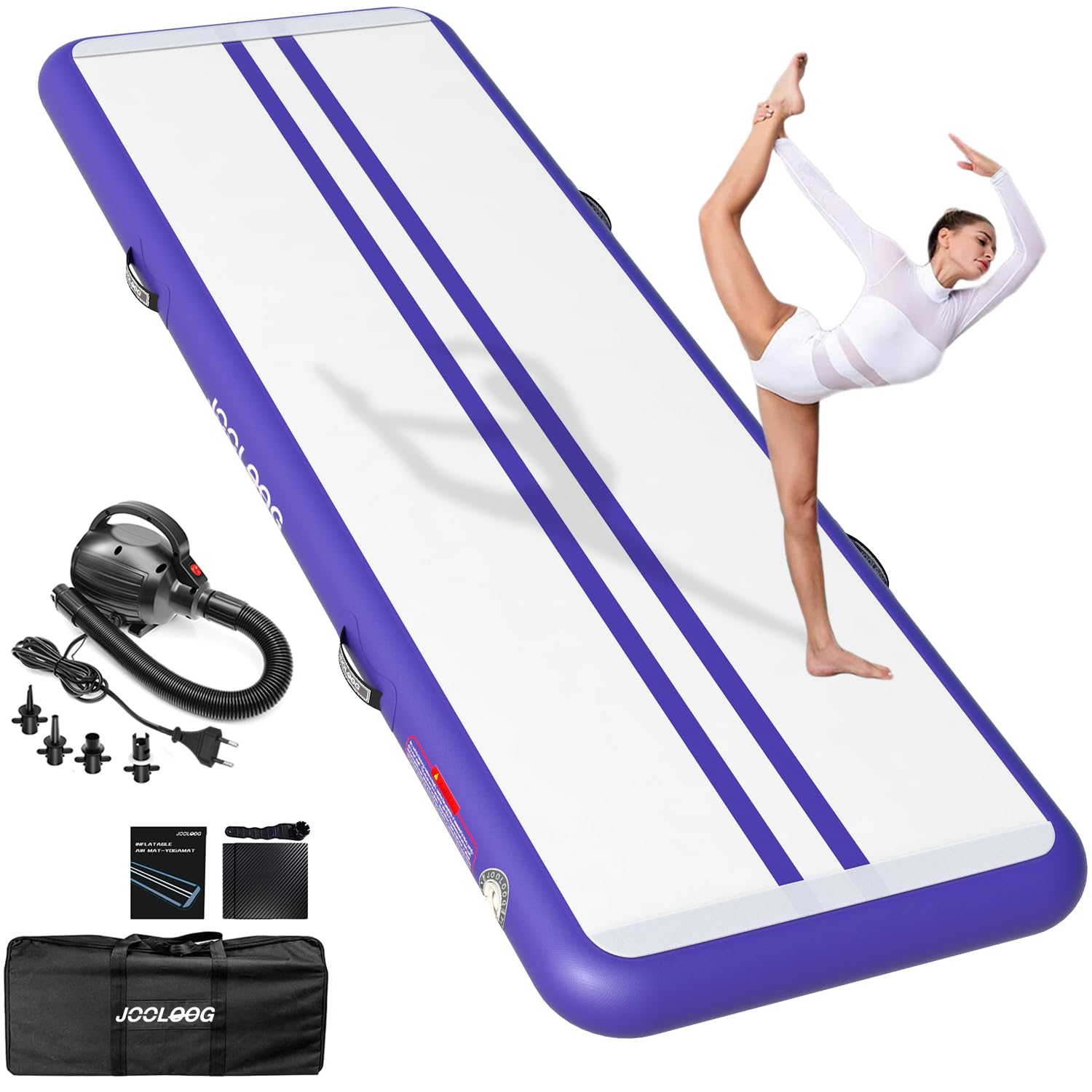 Tapis de gymnastique gonflable JOOLOOG, 3/4/5/6 m/7 m/8 m, en fibre de carbone, 10/20 cm d'épaisseur, pour gymnastique, yoga, taekwondo, avec pompe, purple