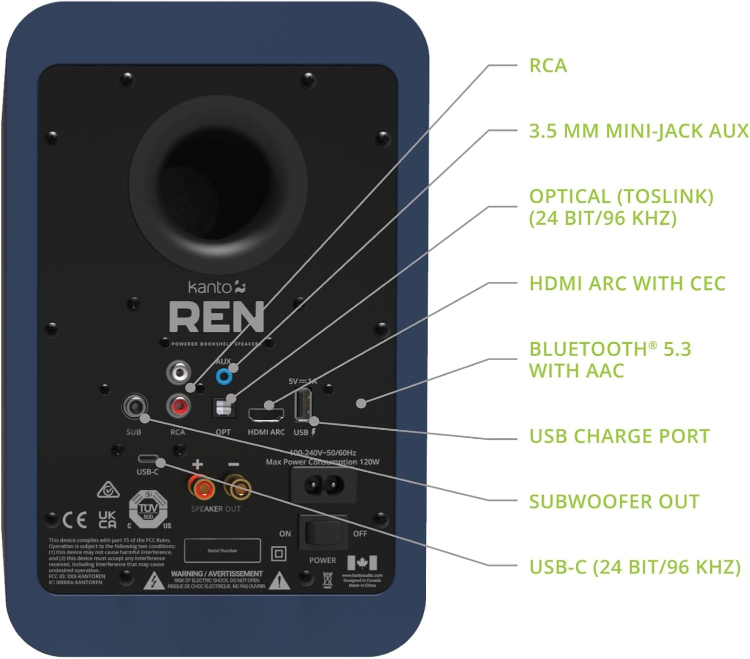 Kanto REN 200W Powered Speaker System with HDMI ARC Input for TV & Home Theater | USB-C and Bluetooth 5.3 | High/Low Pass Filter | Pair | Matte Blue