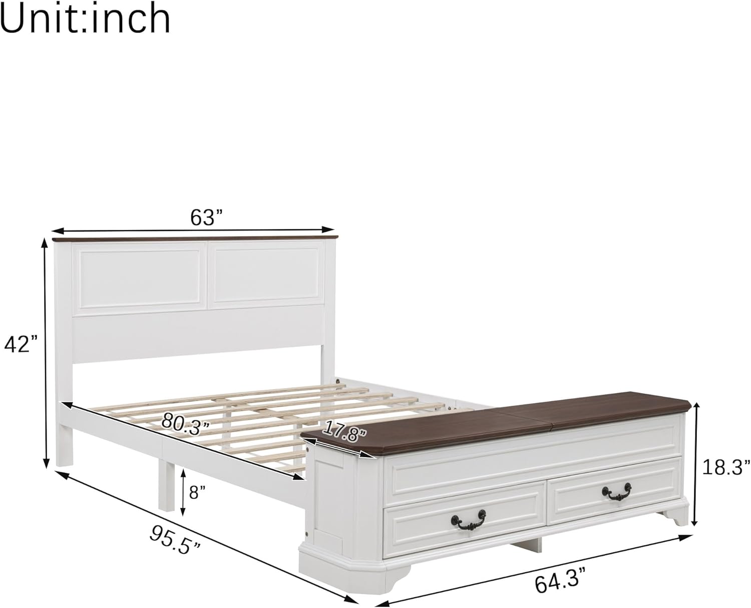 Ball & Cast Farmhouse Queen Size Bed Frame with Tall Headboard and Storage Bench,Wood Platform Bed Frame Queen Size with with Storage Footboard & 2 Large Storage Drawers, No Box Spring Needed,White
