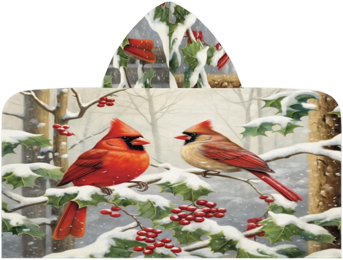 Kid Bath Towels Winter Cardinal Birds Kids Towel with Hood for Girls Boys Beach Towel Pool Cover Up Soft Absorbent Toddler Hooded Bath Towel for Shower, Beach, Pool