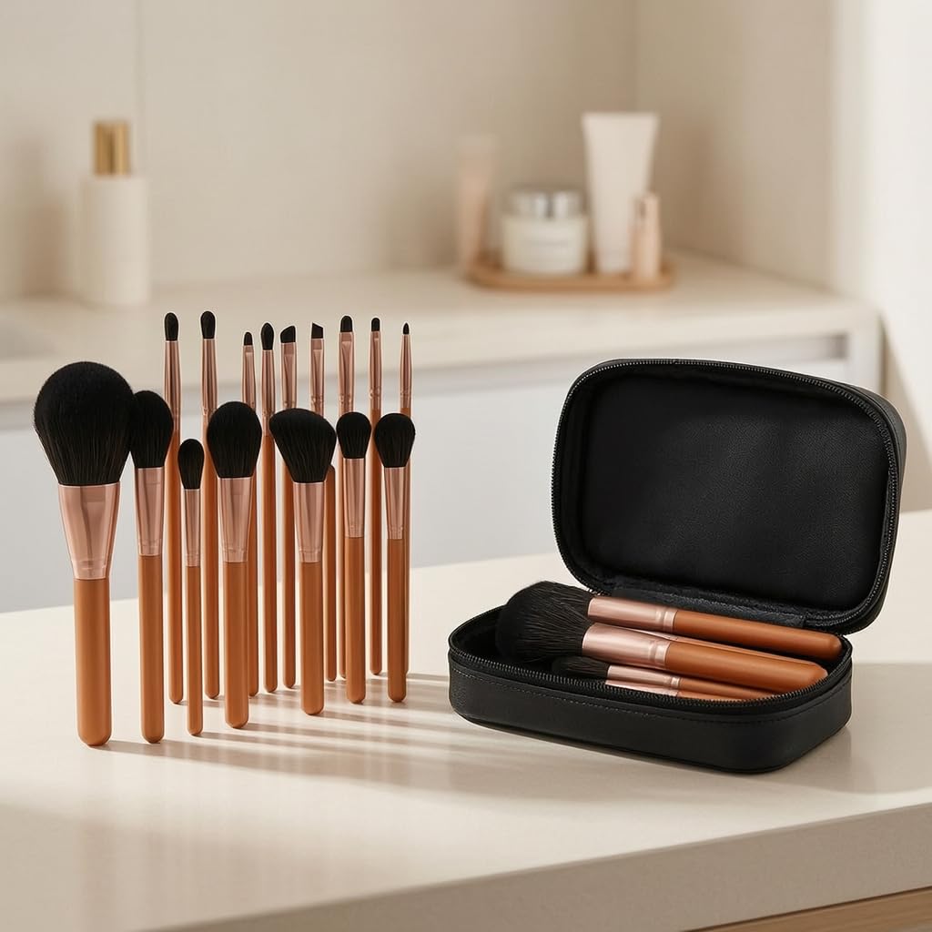 Set Pennelli Trucco 17 Pezzi Manico, Struttura compatta, Pennelli Trucco Base, Sfumature, Per Giovani Artiste, Set di 17 pennelli per trucco rosso acero con borsa con cerniera in PU nera