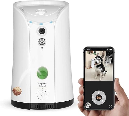 SKYMEE Dispensador de golosinas para cámara para perros cámara WiFi Full HD para mascotas con audio bidireccional y visión nocturna compatible con