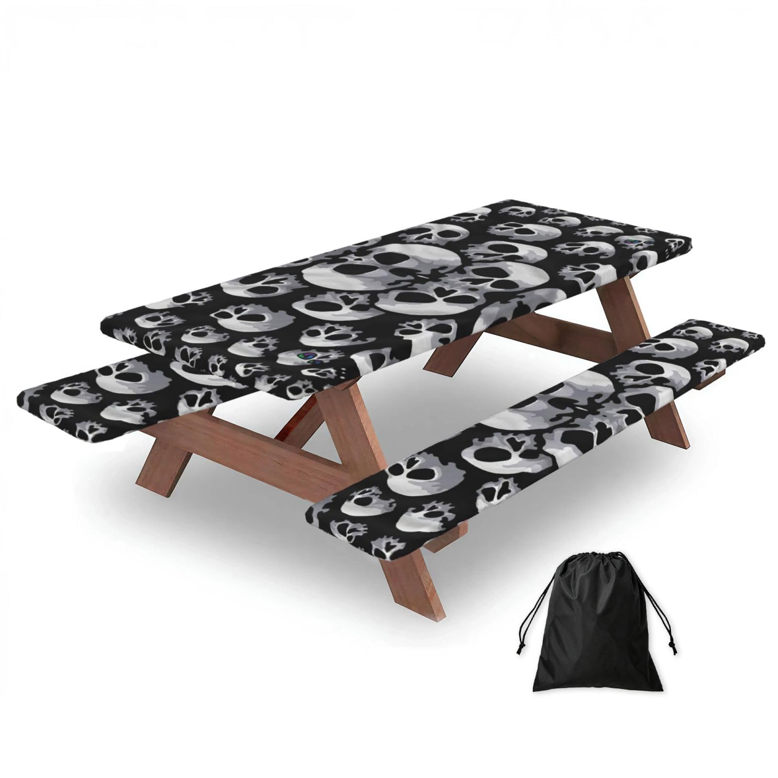 Zyjhyy Black Skull Print Party Table Covers With Bench Covers Set Of 3 Picnic Table Cloth Wipe Clean For Garden Camping