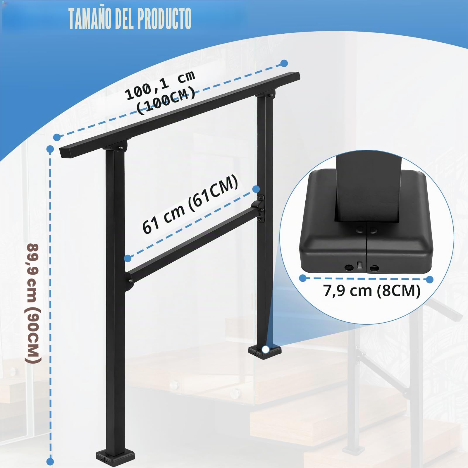 OUUTMEE 100cm Barandilla para Pasos escalones exteriores de hierro forjado para escaleras, ajustable para 2-3 escalones, barandilla de terraza, kit de barandilla interior para escalones de