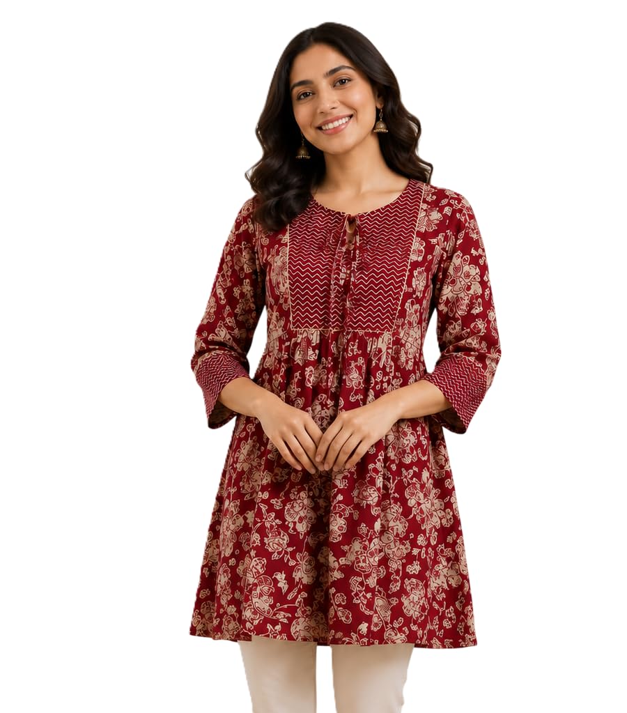 akiko Women’s Wrinkle Free Floral Gold Printed A-Line Short Kurti Keyhole Tie-Up Neck 3/4 Sleeves with Gota Work Stylish Casual Ethnic Tunic Top for Women & Girls-picture-14