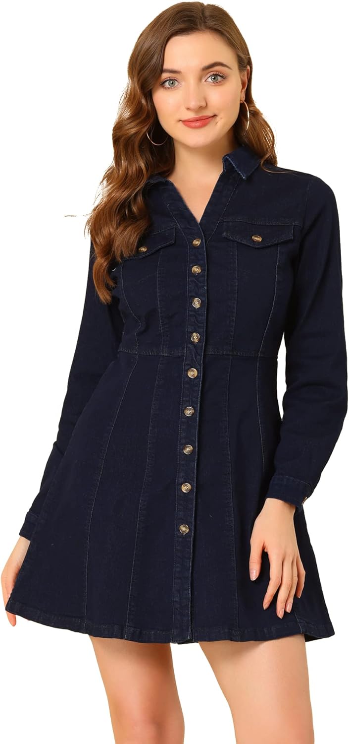 Allegra K Women’s Denim Dress Button Down Collar V Neck Long Sleeve A-line Cotton Jean Dress