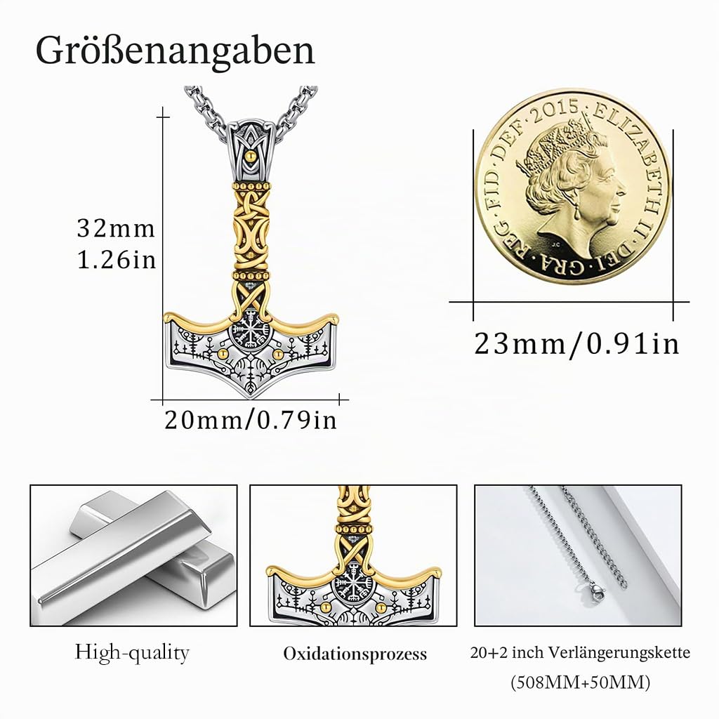 Mjölnir naszyjnik z młotkiem Thora, srebro wysokiej próby 925, łańcuszek z wisiorkiem w kształcie młota Thora, amulet celtycki, biżuteria dla mężczyzn, uniseks