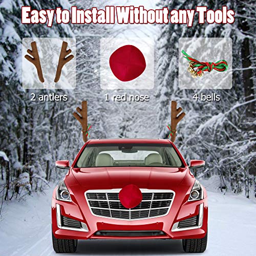 ovsor Car Christmas Reindeer Antlers & Nose Decorations,Rudolph Set Reindeer Ornament Costume Auto Accessories for Any Vehicle Decor