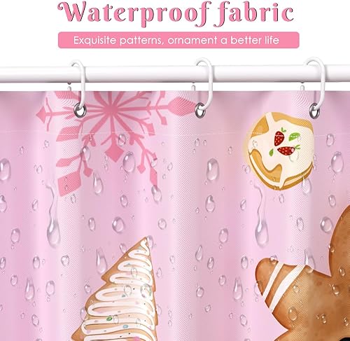 Miniatura 5 de Cortina de ducha de Navidad rosa con bastón de caramelo, juego de cortina de ducha para baño, tela lavable y duradera, 72 x 72 pulgadas