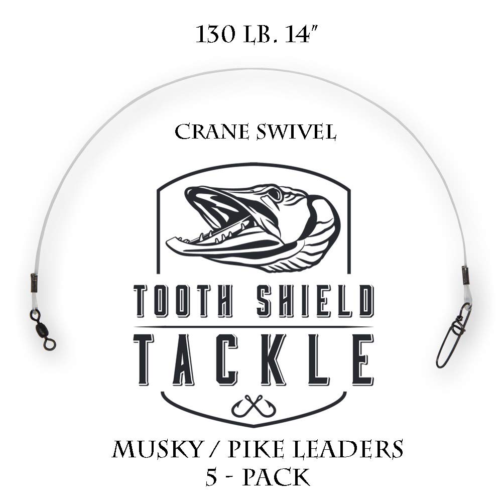 5 Pack 130 lb. Premium Fluorocarbon Tooth Shield Tackle Musky Leaders Muskie Pike Leader (Crane Swivel)