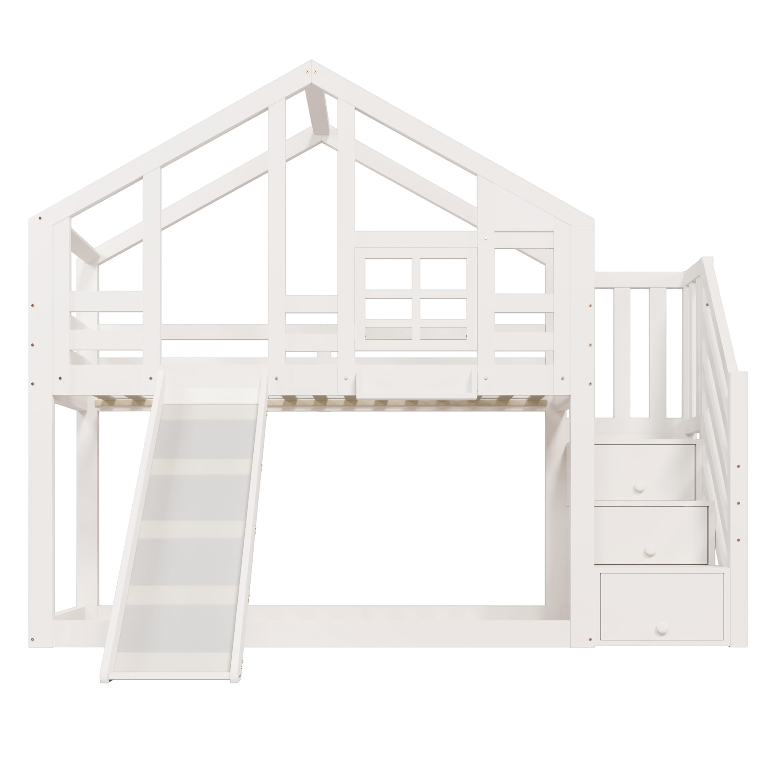 Su & Chan Legence Kinderbett 90 x 200cm mit Stauraum Treppe, Hochbett mit Rutsche und Rausfallschutz, Etagenbett Baumhaus mit Holz Lattenrost, Ohne Matratze, Weiß