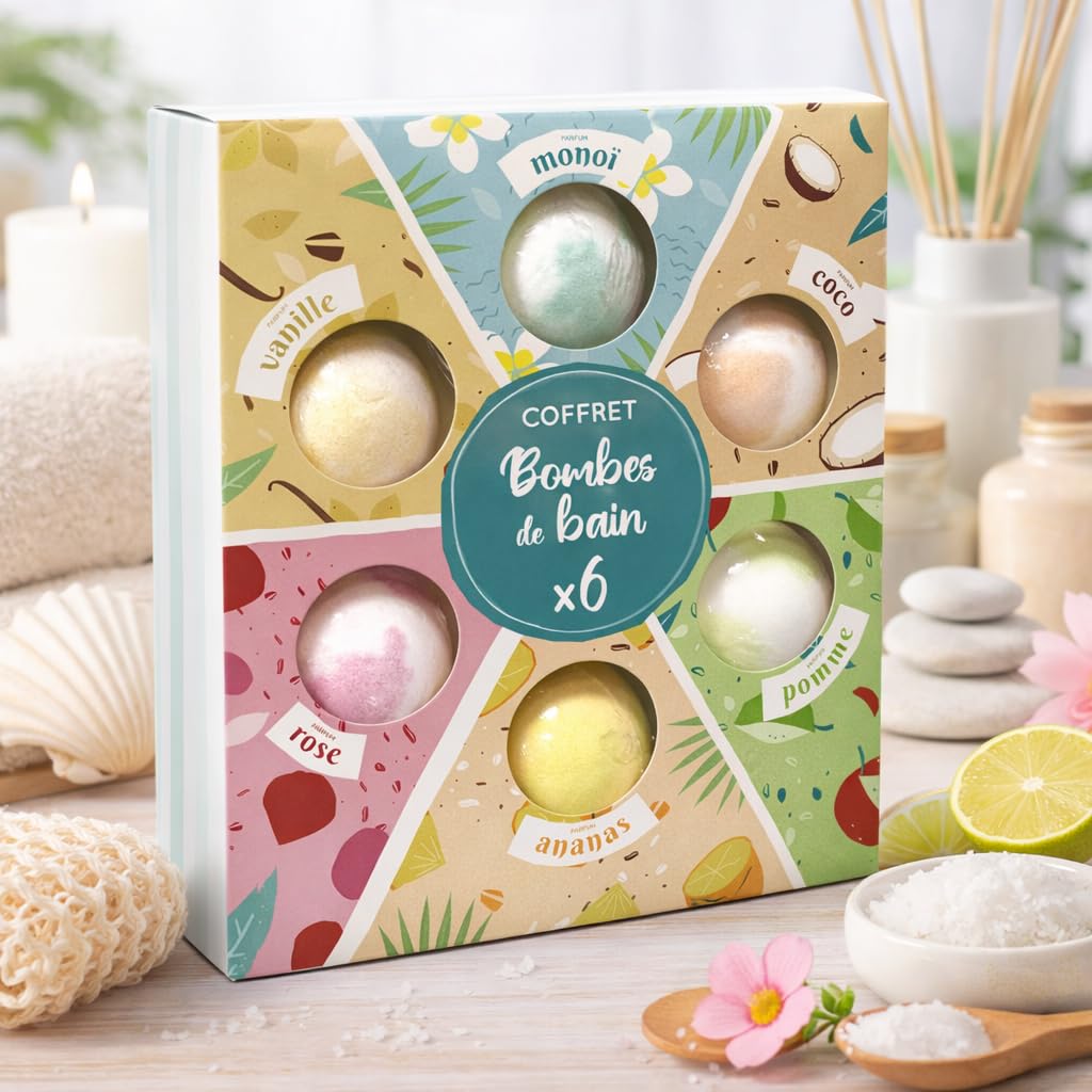 French Tendance - Coffret 6 Bombes de Bain - 6 x 60g - Effet Relaxant, Moment Détente - Senteurs Monoi, Vanille, Coco, Ananas, Pomme, Fleur de Cerisier - Kit Bombe Bain Moussant