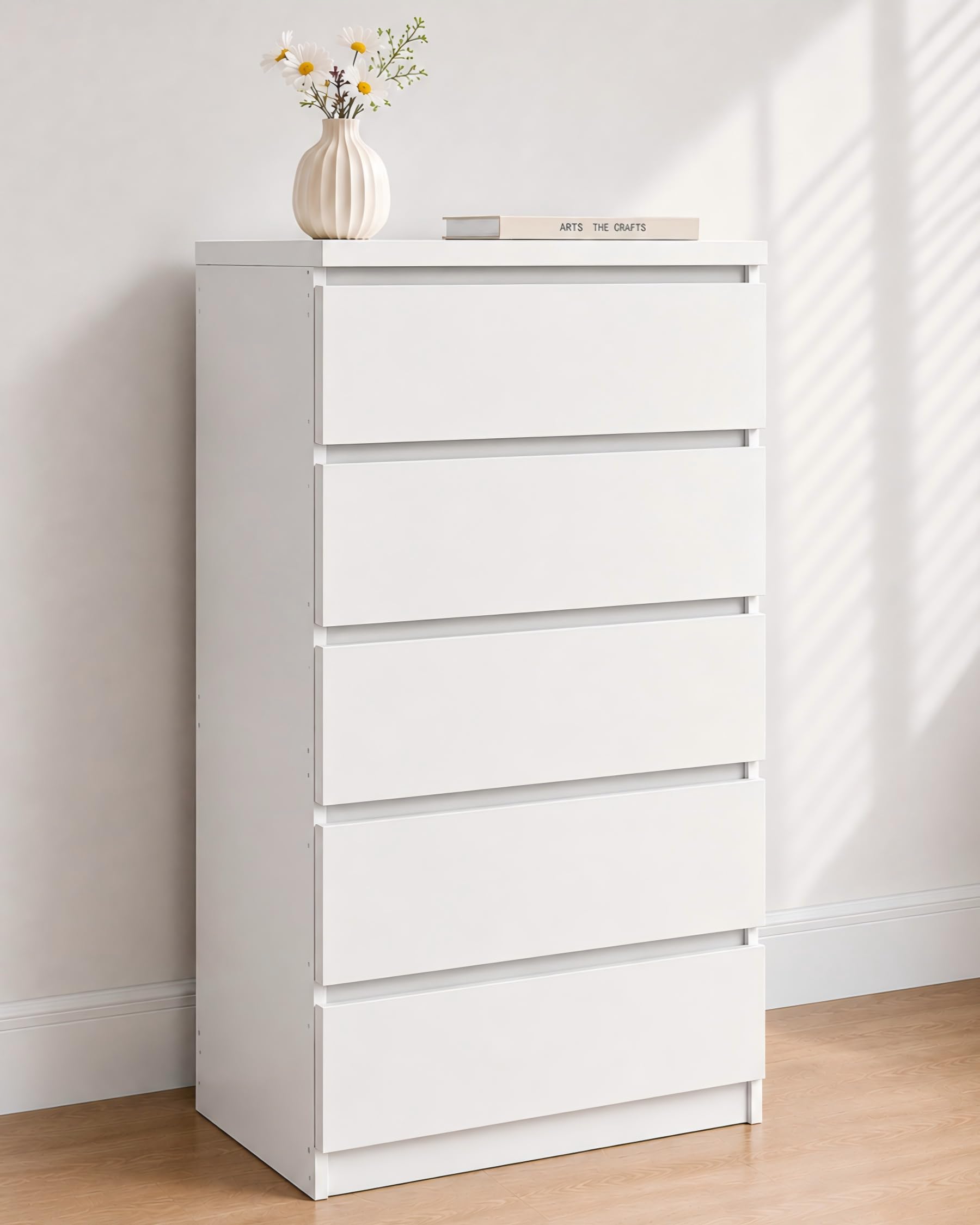 Cómoda Dormitorio 5 Cajones, Cajonera Blanca, Sinfonier Alto y Estrecho, Mueble Auxiliar para Dormitorio, Salón y Pasillo, 60 x 40 x 121 cm