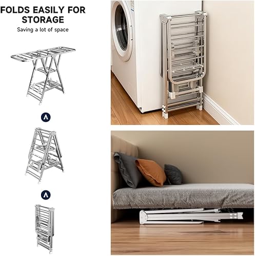 Miniatura 8 de MIKEE Tendedero de Ropa, Tendedero de Lavandería Plegable de Acero Inoxidable con Alas Ajustables en Altura, Perchero con Zapatero, Agujeros