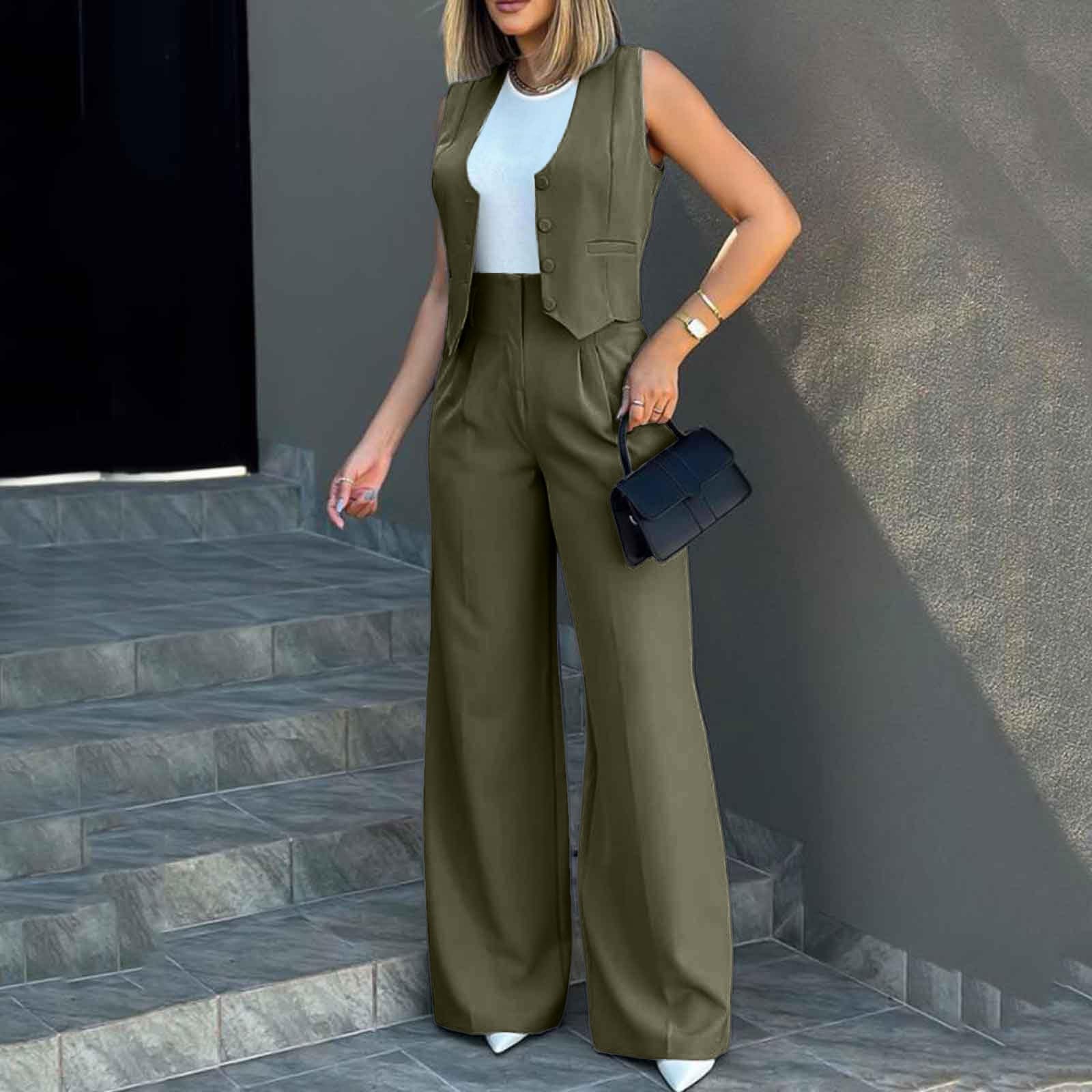 Tailleur Donna Eleganti Pantaloni e Gilet Completo BlazerO a Senza Maniche 2Pezzi Tuta Elastici in Vita Set di Abiti in Tinta Unita Pantalone Due Pezzi Suit Business tinta unita Giacca Estivo