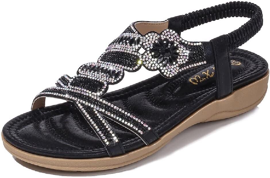 DKCHENH Rhinestone Sandals for Women Flat - Trendy Sparkling Boho Ladies' Flat Sandals,Beautiful Sparkling Boho Ladies' Flat Shoe for Summer.
