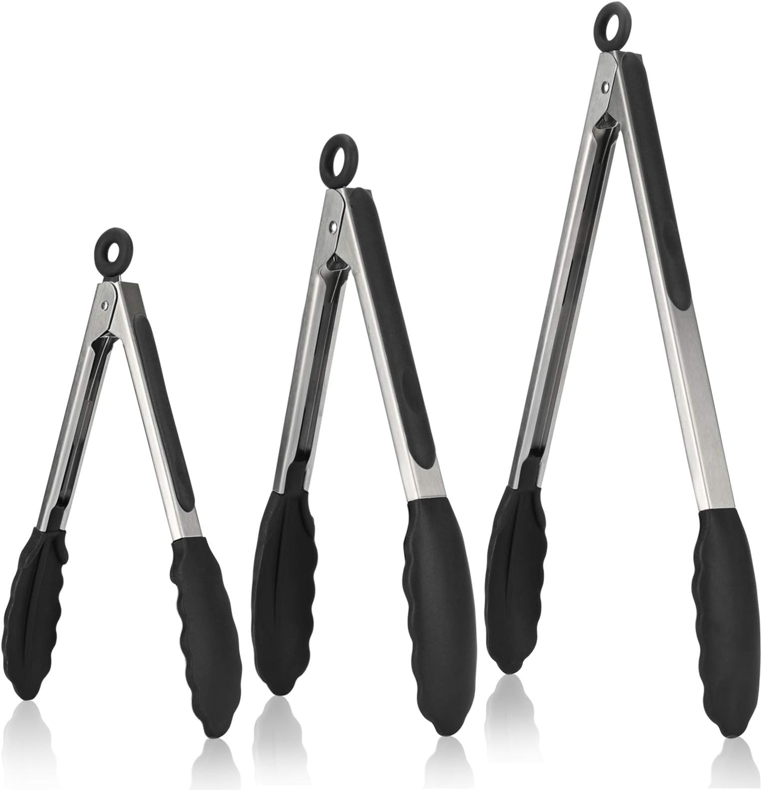 U-Taste250โ Heat Resistant Kitchen Tongs Set of 3, 18/8 Stainless Steel Grill Food Tongs with Non-Stick Silicone Tips & Handles for Cooking, BBQ, 18/23/30 cm (Black)