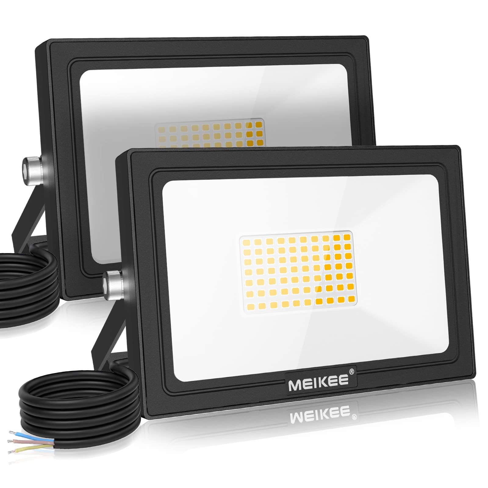 MEIKEE 60W LED buitenspot warm wit 2700K 5200LM super heldere 2 stuks schijnwerper IP66 waterdichte schijnwerper buitenspot voor tuin, achtertuin, oprit, deuren, garage, hal