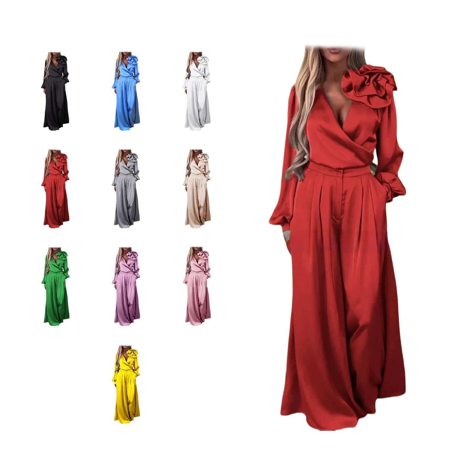 Womens 2 piece Sexy Luxurious and Elegant 3D Flower V-Neck Satin Long Sleeve Top Wide Leg Pants Set