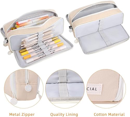 Miniatura 5 de iSuperb Estuche para lápices con 3 compartimentos, organizador de gran capacidad, soporte de lona, artículos de papelería Oxford, para niños,