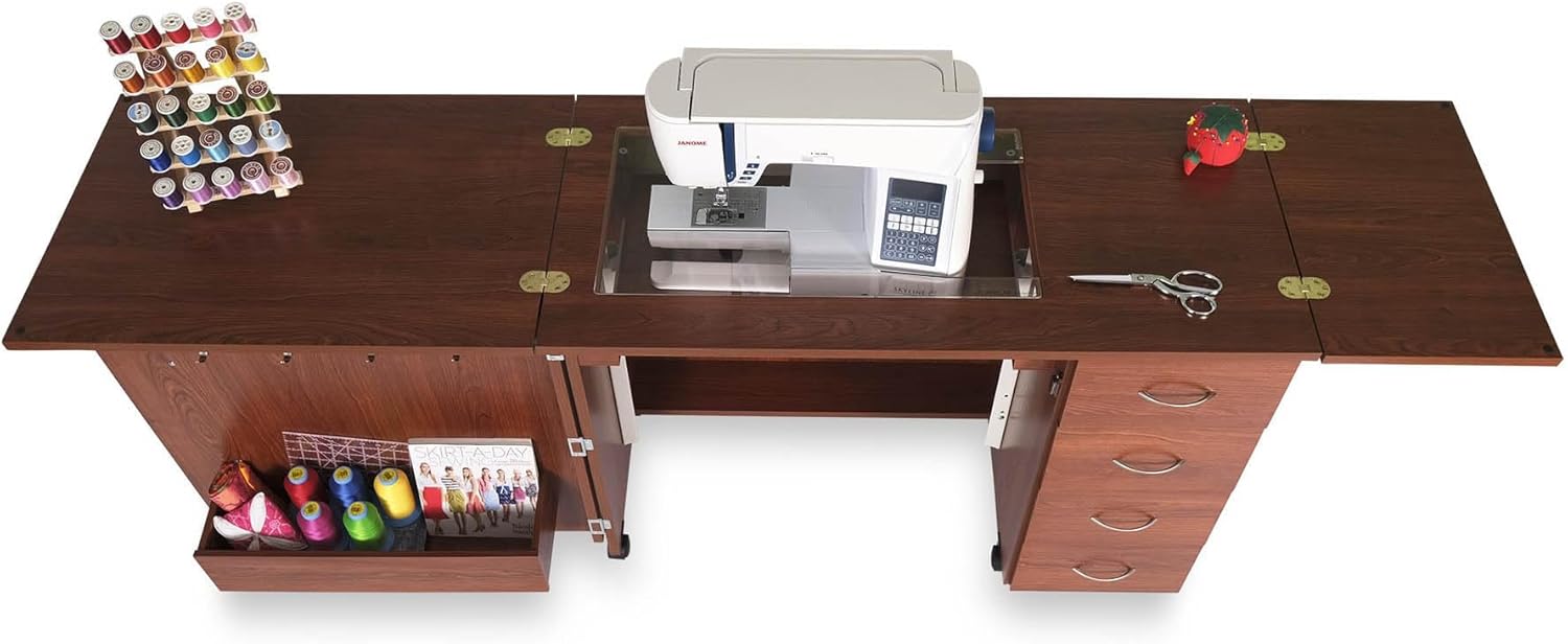 Arrow Classic Sewing Furniture Harriet Full-Size Sewing Cabinet with Hydraulic Machine Lift, Drawers, Expandable Leaves, Locking Wheels - Teak