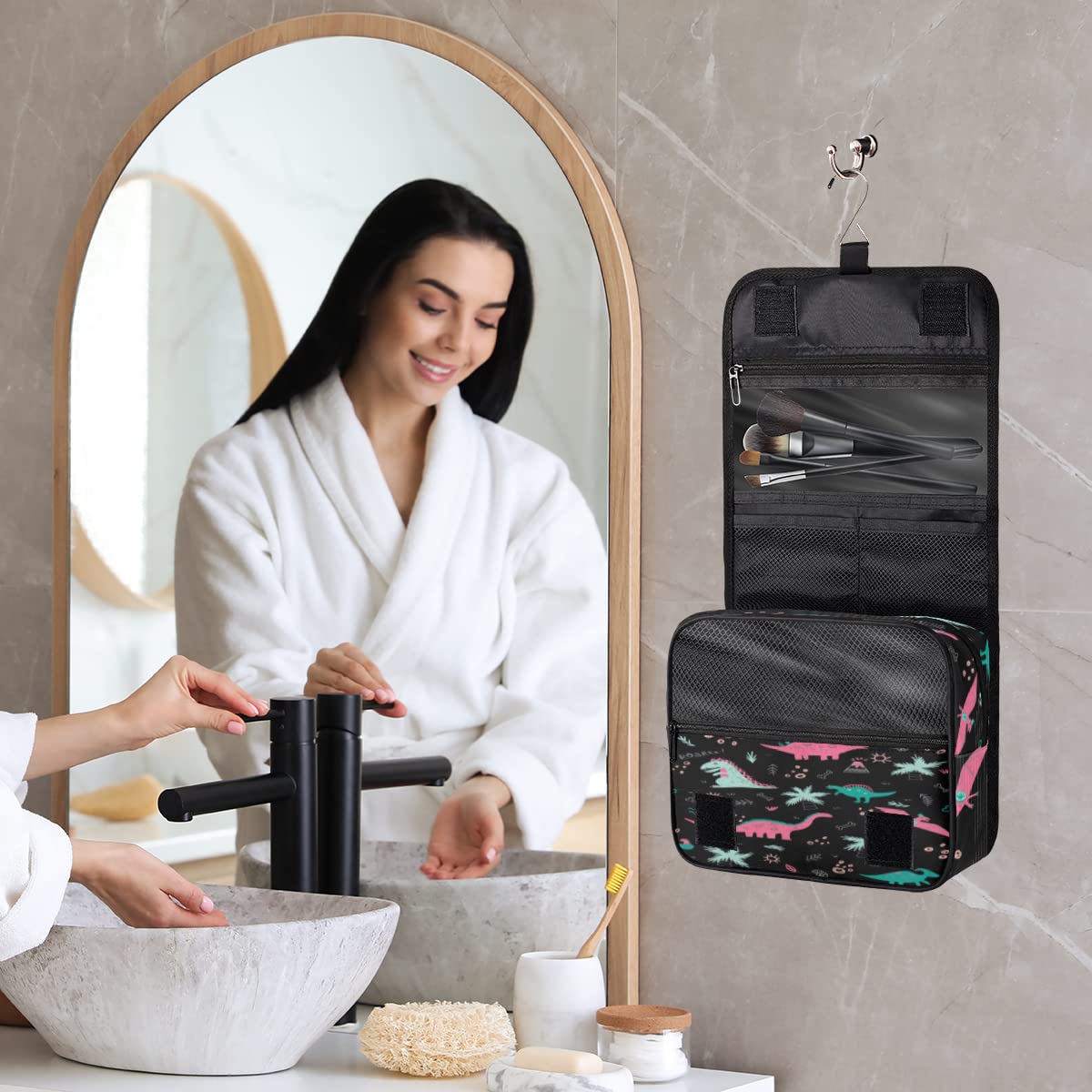 Podróżna kosmetyczka z dinozaurem zabawny dinozaur torba do mycia torba unisex wiszące przybory toaletowe kosmetyczny organizer do makijażu, wielobarwny, Jeden rozmiar