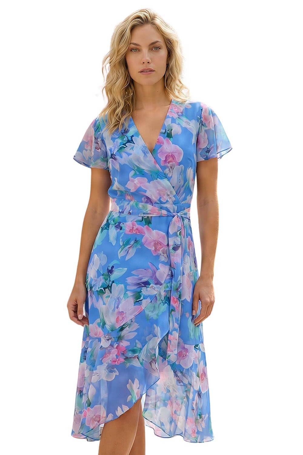 Roman Frill Dress for Women UK Ladies Summer Wrap Chiffon Frill Hem Layered Belted Midi Maxi Tiered Cape Special Occasion Fit & Flare Wedding Guest Swing Skater Light Blue Pink
