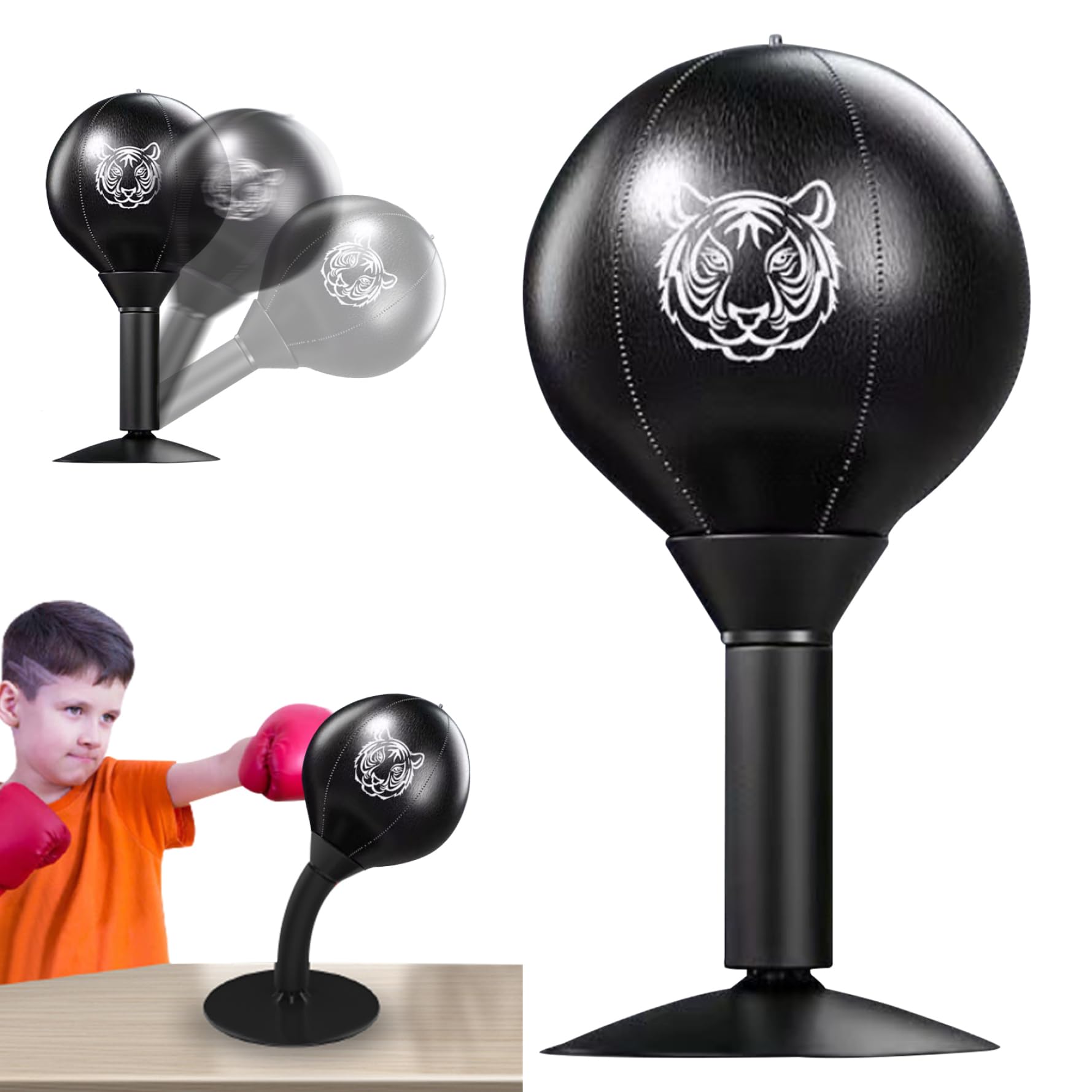 Boxausrüstung, Desktop-Boxsack für Kinder und Erwachsene, stark belastbar, Boxball mit Ständer, Tigermuster, PU, ​​zum Üben, Training, Stressabbau, Boxsack, schwarz