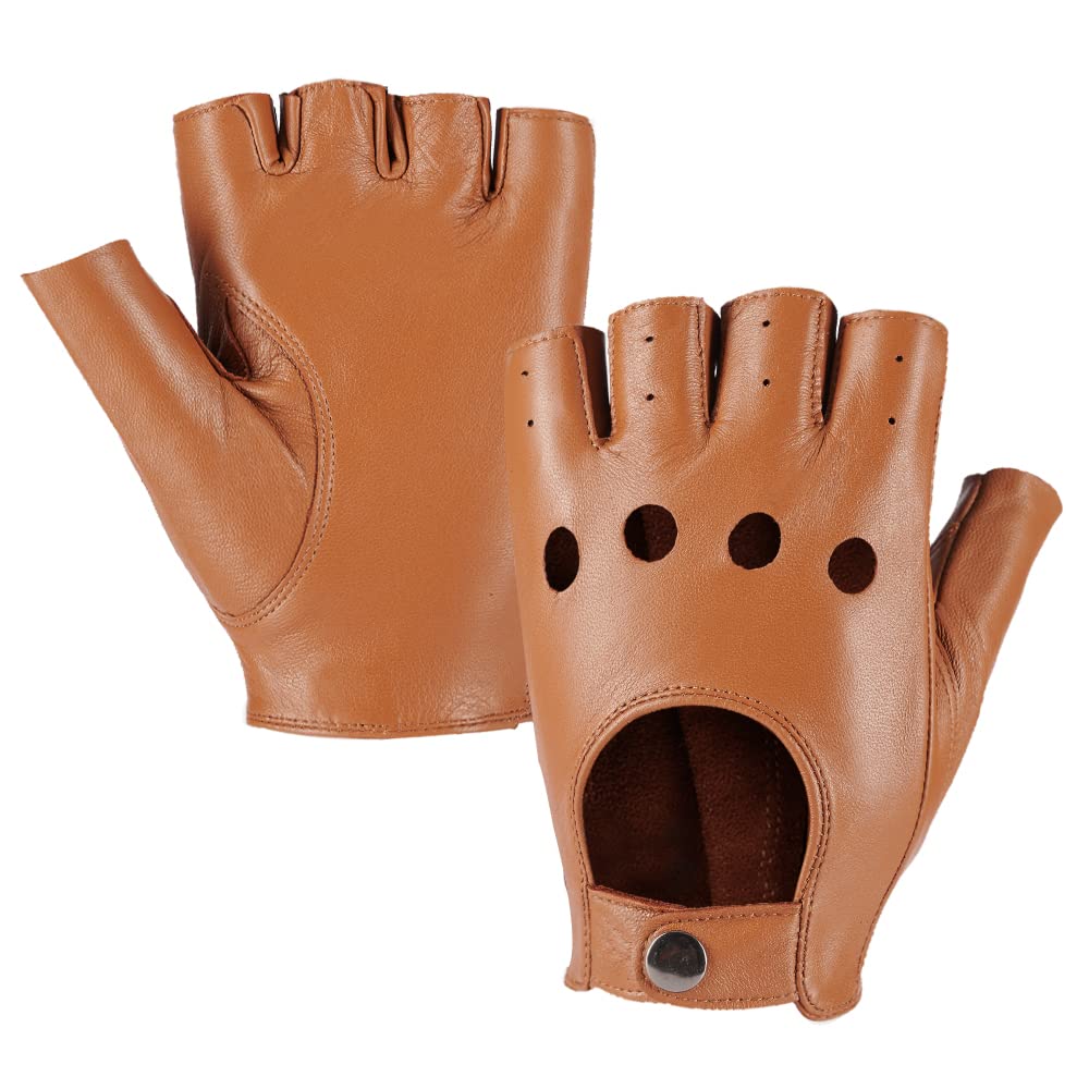 Mggmokay Men's Camel Fingerless Leather Driving Gloves Half Finger Sheepskin Unlined Gloves Punk, M
