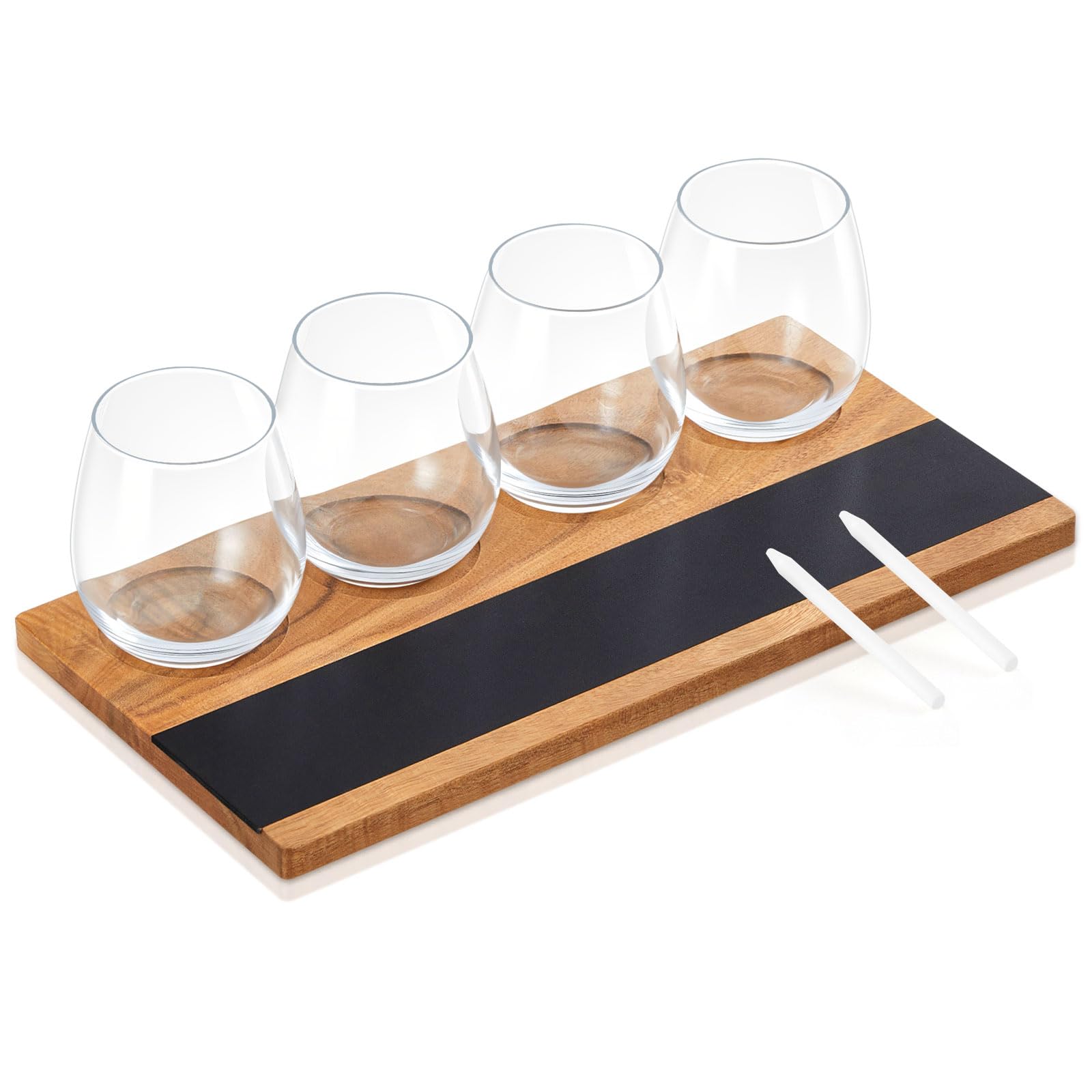 Marsui Set da 7 pezzi per degustazione di vino, include 1 tavola da whisky in legno, 4 bicchieri da volo, 2 gessetti in pietra ollare per birra, cocktail, caffè, forniture per feste di degustazione di