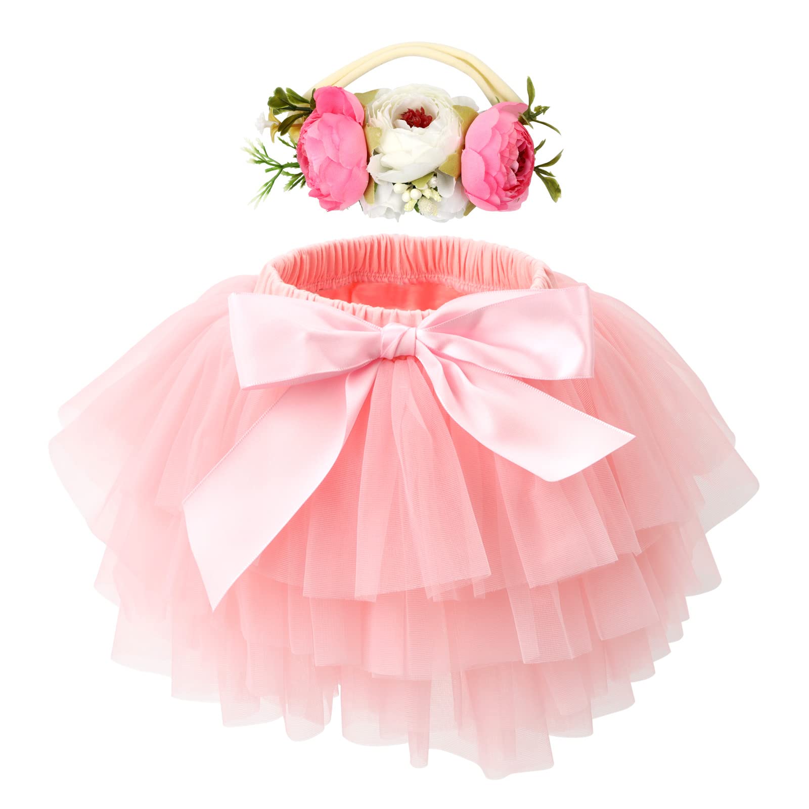 HOOLCHEAN Baby Girls Soft Tutu Skirt and Flower Headband Sets with Diaper Cover Light Pink, 6-12 Months