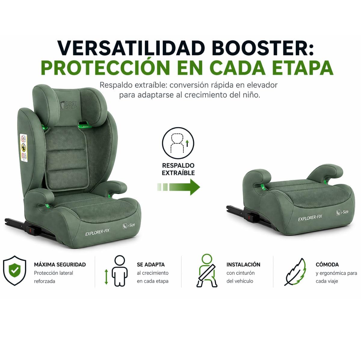 First Step Explorer Fix Silla Coche Niño i-Size (100-150 cm), Grupo 2/3 ISOFIX, Reposacabezas 13 Posiciones, Reclinable, Protección Lateral SPS, De 3,5 a 12 Años, Convertible en Alzador, Verde